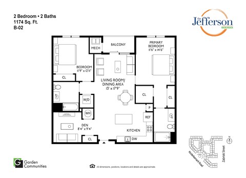 Floor plan for 2 beds, 2 baths, 1174 sqft
